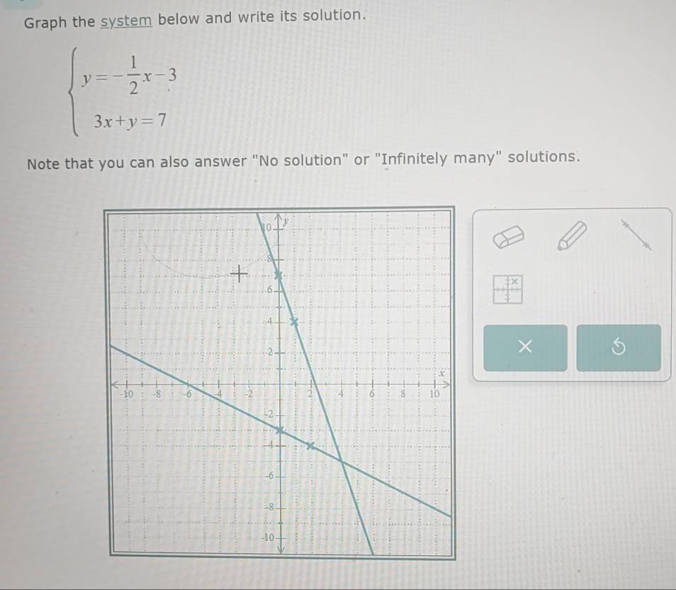 Graph the system below and write its solution.
beginarrayl y=- 1/2 x-3 3x+y=7endarray.
Note that you can also answer "No solution" or "Infinitely many" solutions. 
×