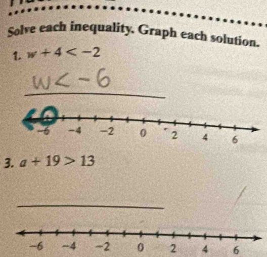 Solve each inequality. Graph each solution. 
L w+4
3. a+19>13
_ 
6