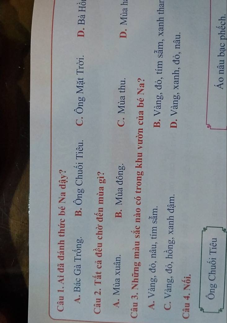 Ai đã đánh thức bé Na dậy?
A. Bác Gà Trống. B. Ông Chuối Tiêu. C. Ông Mặt Trời. D. Bà Hồi
Câu 2. Tất cả đều chờ đến mùa gì?
A. Mùa xuân. B. Mùa đông. C. Mùa thu. D. Mùa h
Câu 3. Những màu sắc nào có trong khu vườn của bé Na?
A. Vàng, đỏ, nâu, tím sẫm. B. Vàng, đỏ, tím sẫm, xanh than
C. Vàng, đỏ, hồng, xanh đậm. D. Vàng, xanh, đỏ, nâu.
Câu 4. Nối.
Ông Chuối Tiêu Á nâu bạc phếch.