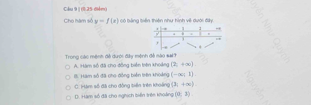 Cho hàm số y=f(x) có bảng biển thiên như hình vẽ dưới đây.
Trong các mệnh đề dưới đây mệnh đề nào sai?
A. Hàm số đã cho đồng biển trên khoảng (2;+∈fty ).
B. Hàm số đã cho đồng biển trên khoảng (-∈fty ;1).
C. Hàm số đã cho đồng biển trên khoảng (3;+∈fty ).
D. Hàm số đã cho nghịch biển trên khoảng (0;3).