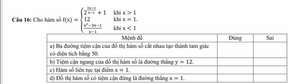 khi x>1
khi x=1.
Câu 16: Cho hàm số f(x)=beginarrayl  (3x-2)/x-1 +1 12  (x^2-3x-1)/x-1 endarray. khi x<1</tex>