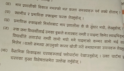 a 
(ड) नाप प्रणालीको विकास नभसको भर कस्ता समस्याहरू पर्न सक्थे होलान् ? 
(च) स्थानीय र प्रमाणिक सकाइमा फरक लेख्ुहोस् । 
(६) प्रमाणिक सकाइको निर्माणबाट नाप प्रणालीमा के के सुधार भयो, लेख्नुक्षोस । 
(ज)ॉसूक जना विद्यार्थीलाई उनका बुबाले बजारबाट गन्जी र पाइन्ट किनेर ल्याइदिनुभ 
विद्यार्थीले लगाउंदा गन्जी लामो भयो भने पाइन्टको कम्मर सानो भई लज 
मिलेन। यस्तो समस्या आउनुको कारण खोजी गरी समाधानका उपायहरू लेखु 
(भ) वैज्ञानिक सिकाइका चरणहरूलाई फ्लोचार्टमा देखाउनुहोस् । उक्त चार्टमा प् 
चरणका मुख्य विशेषतासमेत उल्लेख गर्नुहोस्।