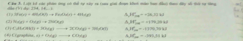 Cầu 3. Liệt kê các phân ứng có thể tự xây ra (sau giải đoạn khei mào ban đầu) theo dây số thứ tự từng 
dân (Ví dụ: 234, 14,...). 
(1) 3Fe(s)+4H_2O(l)to Fe_3O_4(s)+4H_2(g) △ _rH_(25)°=+26.32kJ
(2) N_2(g)+O_2(g)to 2NO(g) a ,H_(298)°=+179.20kJ
(3) C_2H_5OH(l)+3O_2(g)to 2CO_2(g)+3H_2O(l) 1,1_(201)°=-1370.70kJ
(4) C(graphite,s)+O_2(g)to CO_2(g) a ,H_(201)°=-393,51kJ