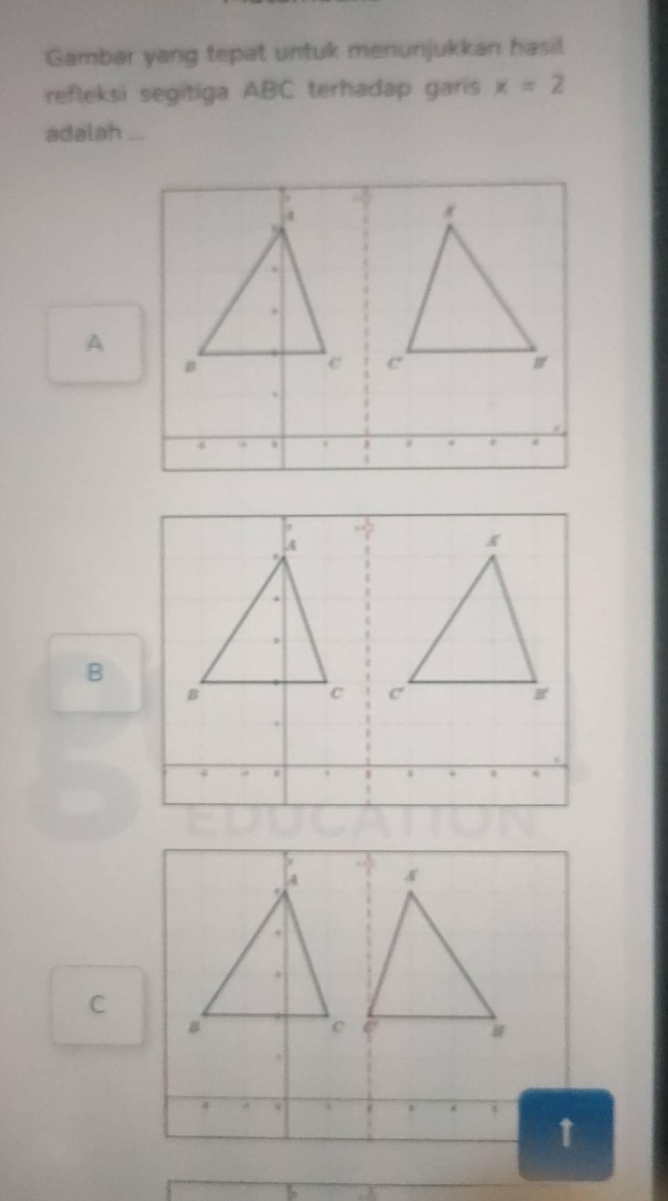 Gambar yang tepat untuk menunjukkan hasil.
refleksi segitiga ABC terhadap garis x=2
adalah ...
A
A
x
B
B
c c
g
A
*
C
c
1