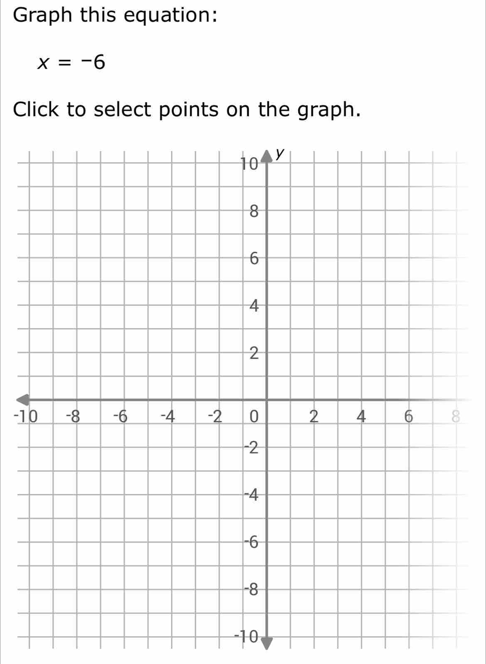 Graph this equation:
x=-6
Click to select points on the graph.
-1
-10