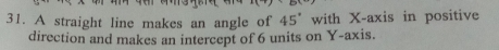 A straight line makes an angle of 45° with X-axis in positive 
direction and makes an intercept of 6 units on Y-axis.