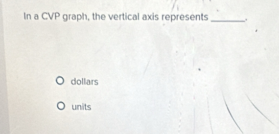 In a CVP graph, the vertical axis represents_ 
dollars 
units