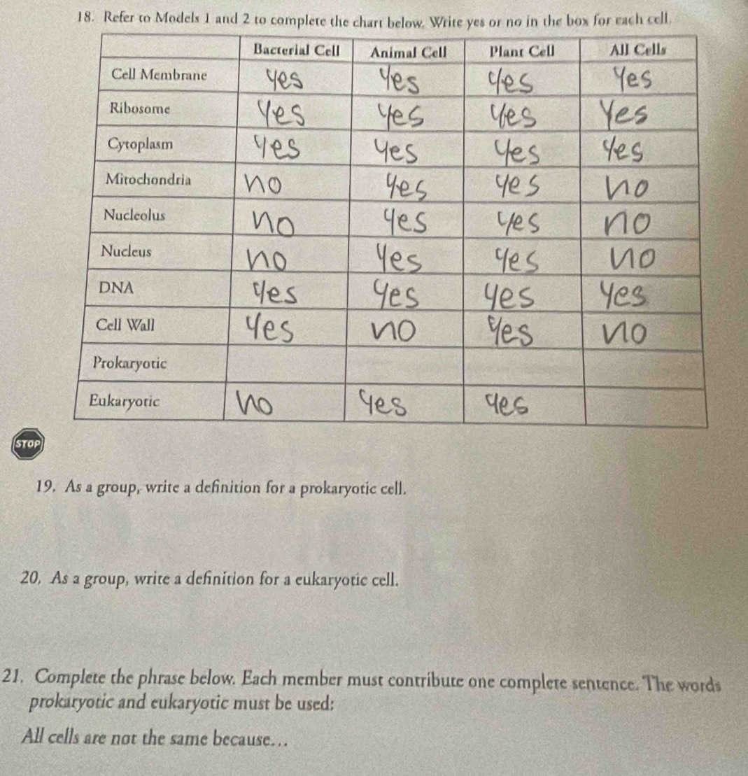 Refer to Models 1 and 2 to complete the chart below. Write yes or no in the box for each cell. 
StOP 
19. As a group, write a definition for a prokaryotic cell. 
20. As a group, write a definition for a eukaryotic cell. 
21. Complete the phrase below. Each member must contribute one complete sentence. The words 
prokaryotic and eukaryotic must be used: 
All cells are not the same because…