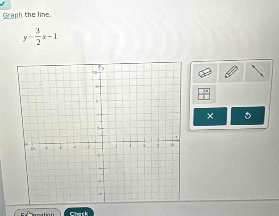 Graph the line.
y= 3/2 x-1
_ Fx
× 
Check