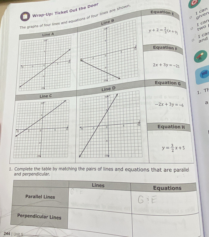 Wrap-Up: Ticket Out the Door
Equation E I can
The graphs of four lines and equaons of four lines are shown
I can two I
Line A
y+2= 2/3 (x+9) given
I car
and
Equation F
2x+3y=-21
Equation G
e D
1. Th
Line C
-2x+3y=-6 a
Equation H
y= 3/2 x+5

1. Complete the table by matching the pairs of lines and equations that are parallel
and perpendicular.
Lines Equations
Parallel Lines
Perpendicular Lines
244 | Unit 5