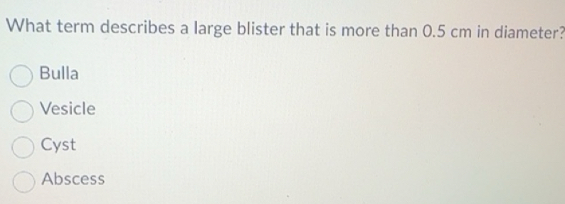 Solved: What term describes a large blister that is more than 0.5 cm in ...