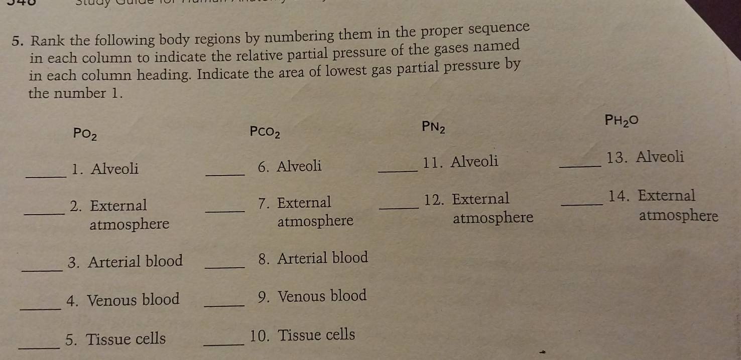 Solved: study 5. Rank the following body regions by numbering them in ...