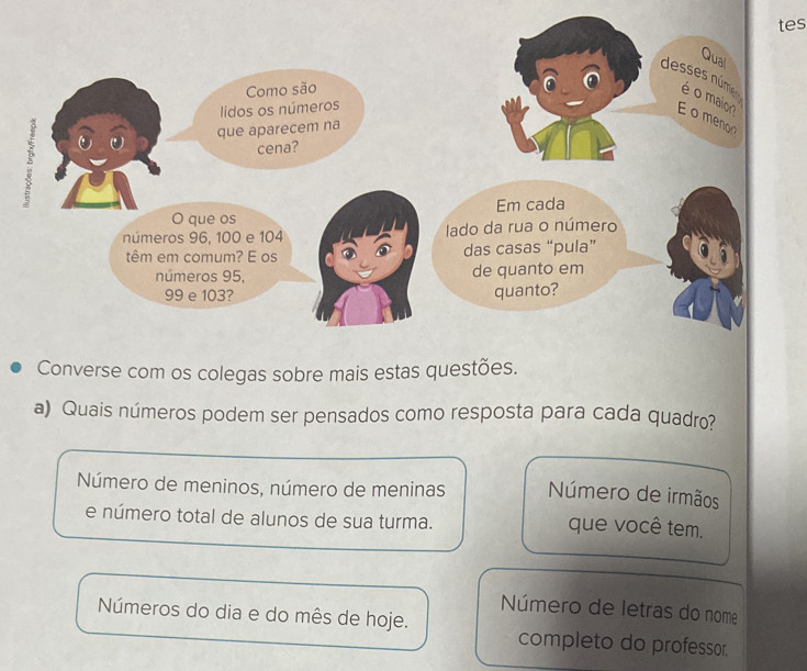 tes 
Converse com os colegas sobre mais estas questões. 
a) Quais números podem ser pensados como resposta para cada quadro? 
Número de meninos, número de meninas Número de irmãos 
e número total de alunos de sua turma. que você tem. 
Número de letras do nome 
Números do dia e do mês de hoje. completo do professor.