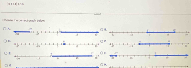 |x+11|≥ 16
Choose the correct graph below. 

○ 
G.