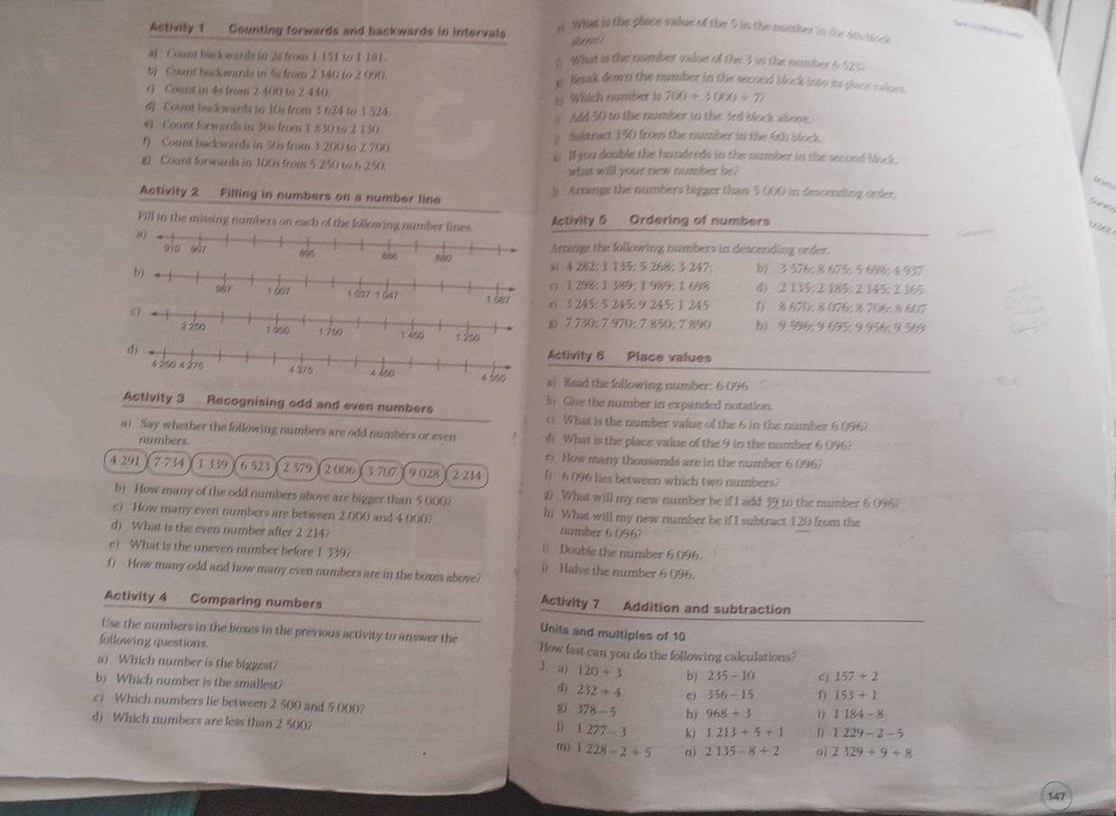 Astivily 1 Counting forwards and backwards in intervals
n. What is the place value of the 5 in the nusther in the As tc de
sere
#) Count back wards in 2s from 1 151 to 1 181. s. What is the number vilue of the 3 in the number 6  5 5 
b  Cound beckouds in 5s from 2 140 to 2 090. is Beak down the number in the second block into its place rolnes.
r Count in 4s from 2 400 to 2 440.
t Which number is 700+3000/ 77
d) Cont backwards in 10s from 3 624 to 3 524. i  Add 50 to the number to the 3rd bock ahone.
s) Count forwards in 30s from $ 830 to 2 130. y fubtnict 150 from the number in the 6th block.
f) Count backwards in 50s from 3 200 to 2 700. i I you doable the hundreds in the number in the second block.
g). Count forwards in 100s from 5 250 to 6 250.
what will your new number be?
Activity 2 Filling in numbers on a number line l  Arninge the numbers bigger than 5 000 in descending order.
Sade
Fill in the missing numbers on each of the following number lines Activity 5 Ordering of numbers
8)
 
Arrange the following numbers in descending order.
880x) 4 282: 1 135; 5 268; 3 247;  35 ffc8,67)=
608: 4937
η) 1 298; 1 389; 1 989; 1 698 d) 2 135: 2 185; 2 145; 2 165
x) 3 245; 5 245; 9 245; 1 245 1) 8 670: 8 076; 8 706: 8 607
b9 506: 9 65 5:995   
) 7 730; 7 970; 7 850; 7 890
1 250
Activity 6 Place values
a) Read the following number: 6 096
Activity 3 Recognising odd and even numbers bi Give the number in expanded notation.
G. What is the number value of the 6 in the number 6 096)
a) Say whether the following numbers are odd numbers or even 4 What is the place value of the 9 in the number 6 096?
numbers. e. How many thousands are in the number 6 096?
4 291 7734 1 339 6 523 2 579 2 006 3 707 9 028 2 214 () 6 096 lies between which two numbers?
bj How many of the odd numbers above are bigger than 5 000? 1 What will my new number be if I add 39 to the number 6 096?
c) How many even numbers are between 2,000 and 4 000? h What will my new number be if I subtract 120 from the
number 6.096?
d) What is the even number after 2 214? 1) Double the number 6 096.
e) What is the uneven number before 1 339? ( Halve the number 6 096.
f) How many odd and how many even numbers are in the boxes above?
Activity 4 Comparing numbers
Activity 7 Addition and subtraction
Use the numbers in the boxes in the previous activity to answer the
Units and multiples of 10
following questions. How fast can you do the following calculations?
a) Which number is the biggest?
). a) 120/ 3 b) 235-10 cj 157+2
b) Which number is the smallest?
d) 232+4 Cj 356-15 D 153+1
c) Which numbers lie between 2 500 and 5 000?
8 378-5 b) 968/ 3 1184-8
d) Which numbers are less than 2 500?
1.277=3 k) 1213+5+1 1229-2-5
m 1228-2+5 n) 2135-8+2 0) 2329+9+8
147