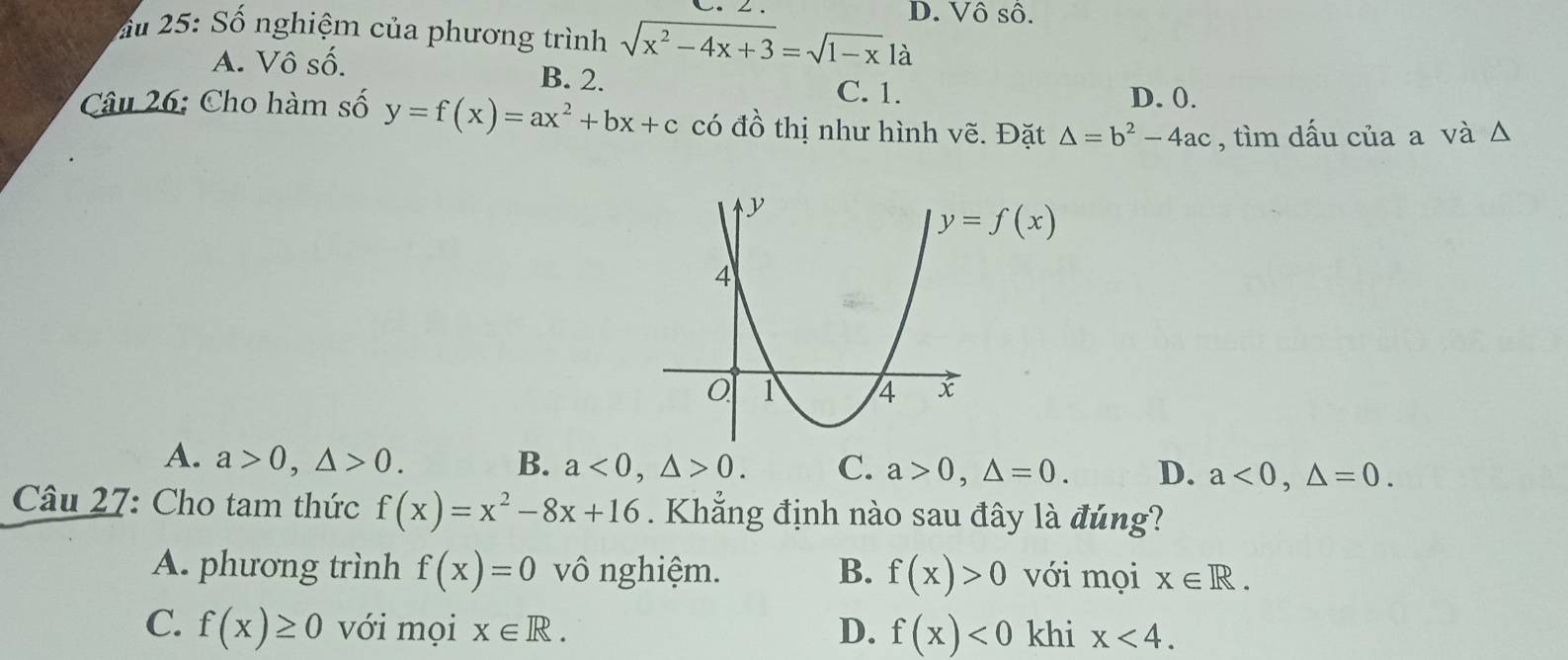 Vhat O
sô.
Ấu 25: Số nghiệm của phương trình sqrt(x^2-4x+3)=sqrt(1-x) là
A. Vô số. B. 2.
C. 1. D. 0.
Câu 26: Cho hàm số y=f(x)=ax^2+bx+c có đồ thị như hình vẽ. Đặt △ =b^2-4ac , tìm dấu của a và Δ
A. a>0,△ >0. B. a<0,△ >0. C. a>0,△ =0. D. a<0,△ =0.
Câu 27: Cho tam thức f(x)=x^2-8x+16. Khẳng định nào sau đây là đúng?
A. phương trình f(x)=0 vô nghiệm. B. f(x)>0 với mọi x∈ R.
C. f(x)≥ 0 với mọi x∈ R. D. f(x)<0</tex> khi x<4.