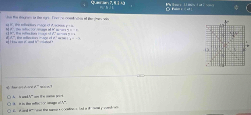 Question 7, 9.2.43 HW Seore: 42.86%, 3 of 7 points
Part 5 of 5 Points: 0 of 1
Use the diagram to the right. Find the coordinates of the given point. 
a) A' the reflection image of A across y=x. 
b) A° the reflection image of A' across y=-x. 
c) A° the reflection image of A° across y=x. 
d) A^- the reflection image of A^- across y=-x. 
e) How are A' `` and A^- related ?
e) How are A and A^- related?
A. A and A^- are the same point.
B. A is the reflection image of A^-.
C. A and A^- have the same x-coordinate, but a different y-coordinate.