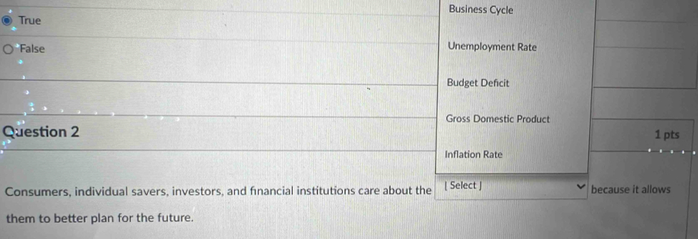 Business Cycle
True
False Unemployment Rate
Budget Deñcit
Gross Domestic Product
Question 2 1 pts
Inflation Rate
Consumers, individual savers, investors, and financial institutions care about the [ Select ] because it allows
them to better plan for the future.