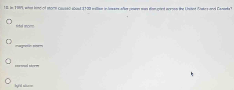 In 1989, what kind of storm caused about $100 million in losses after power was disrupted across the United States and Canada?
tidal storm
magnetic storm
coronal storm
light storm