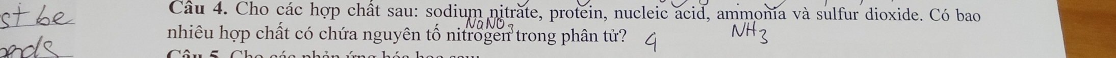 Cho các hợp chất sau: sodium nitrate, protein, nucleic acid, ammonia và sulfur dioxide. Có bao 
nhiêu hợp chất có chứa nguyên tố nitrogen trong phân tử? 
C