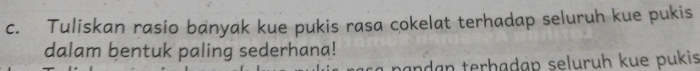 Tuliskan rasio banyak kue pukis rasa cokelat terhadap seluruh kue pukis 
dalam bentuk paling sederhana! 
andan terhadap seluruh kue pukis