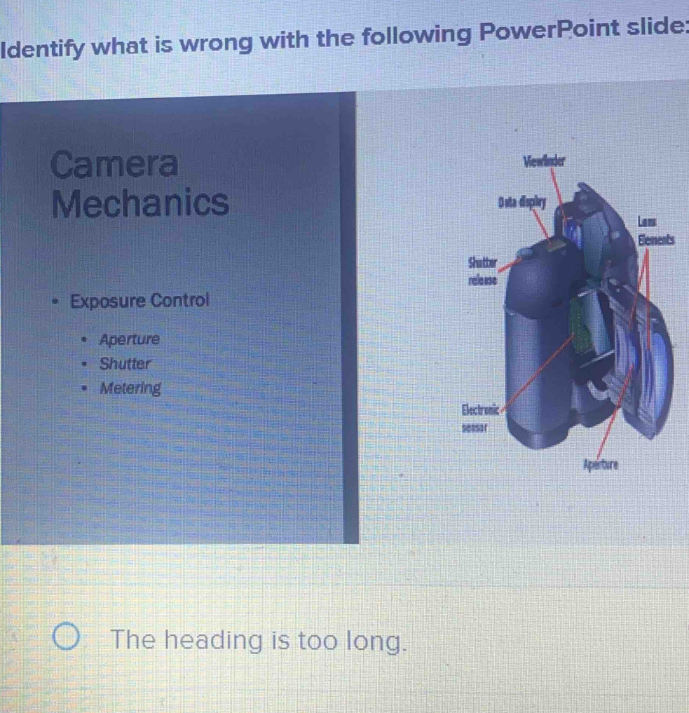 Identify what is wrong with the following PowerPoint slide: Camera ...
