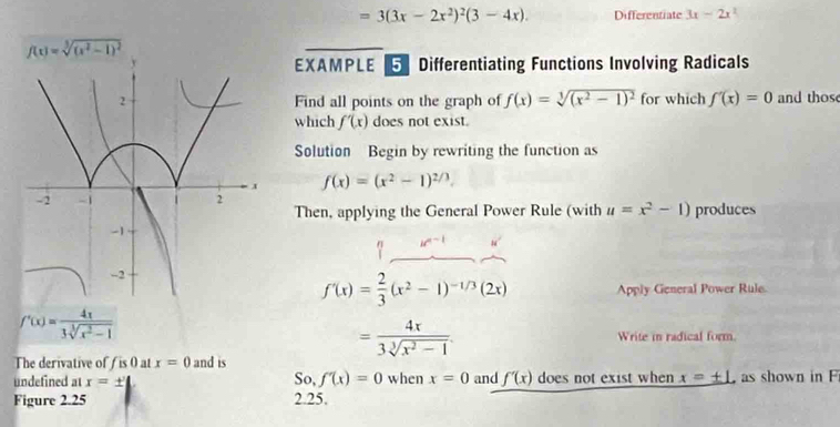 =3(3x-2x^2)^2(3-4x). Differentiate 3x-2x^2
f(x)=sqrt[3]((x^2-1)^2)
EXAMPLE 5 Differentiating Functions Involving Radicals 
Find all points on the graph of f(x)=sqrt[3]((x^2-1)^2) for which f'(x)=0 and those 
which f'(x) does not exist. 
Solution Begin by rewriting the function as
f(x)=(x^2-1)^2/3
Then, applying the General Power Rule (with u=x^2-1) produces
f'(x)= 2/3 (x^2-1)^-1/3(2x) Apply General Power Rule.
f'(x)= 4x/3sqrt[3](x^2-1) 
= 4x/3sqrt[3](x^2-1) . Write in radical form. 
The derivative of f is 0 at x=0 and is 
undefined at x=± So, f'(x)=0 when x=0 and f'(x) does not exist when x=± L as shown in F
Figure 2.25 2.25.