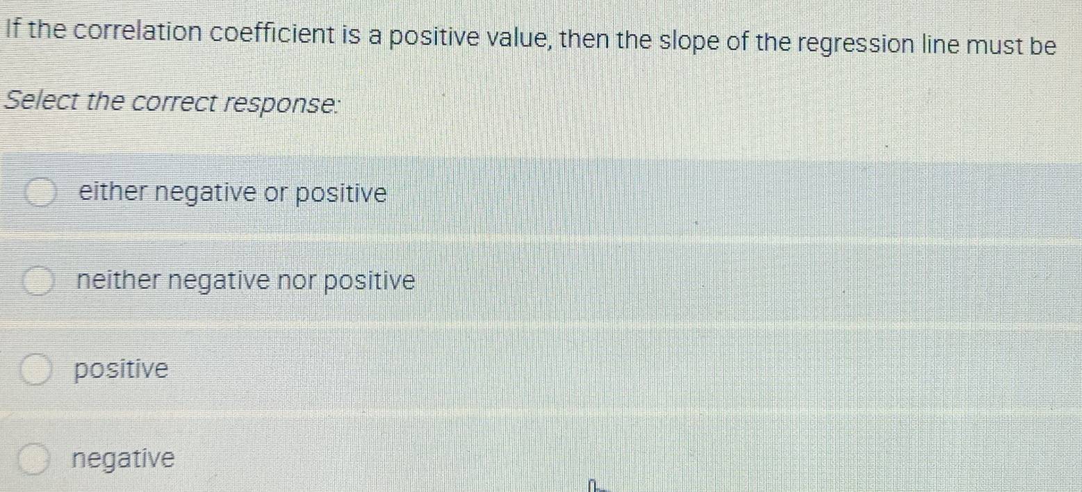 If the correlation coefficient is a positive value, then the slope of the regression line must be
Select the correct response:
either negative or positive
neither negative nor positive
positive
negative