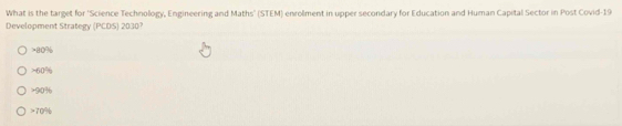 What is the target for 'Science Technology, Engineering and Maths' (STEM) enrolment in upper secondary for Education and Human Capital Sector in Post Covid-19
Development Strategy (PCDS) 2030?
80%
60%
90%
70%