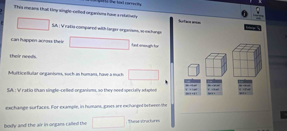 umplete the text correctly. 
This means that tiny single-celled organisms have a relatively Surface areas 
earg 
2 th 
E □ SA : V ratio compared with larger organisms, so exchange 
Enlarge Q 
can happen across their □ fast enough for 
their needs. 
□ 
Multicellular organisms, such as humans, have a much □ . 2cm 10
SA=6cm^2 SA=24cm^2 BA=54cm^2
SA : V ratio than single-celled organisms, so they need specially adapted V=1cm^2 V=8cm^2 V=17m^2
SAV=61 SAV= SAV=
exchange surfaces. For example, in humans, gases are exchanged between the 
body and the air in organs called the □. These structures