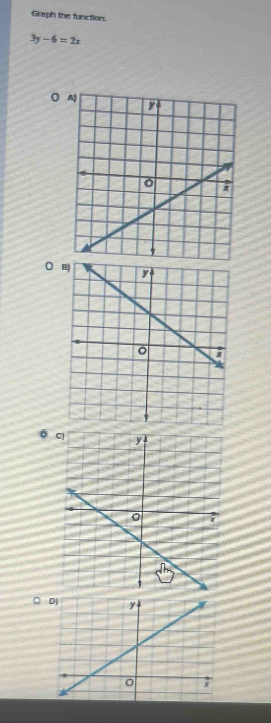 Graph the function.
3y-6=2x
○ 
○ 
Ö