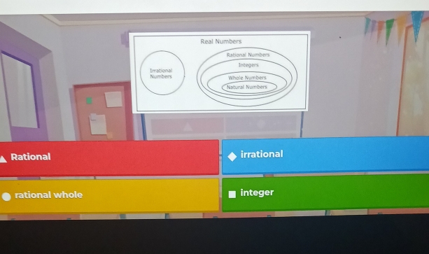 Rational irrational
rational whole integer