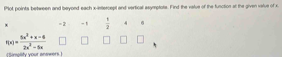 Plot points between and beyond each x-intercept and vertical asymptote. Find the value of the function at the given value of x.
x - 2 - 1  1/2  4 6
f(x)= (5x^2+x-6)/2x^2-5x 
(Simplify your answers.)