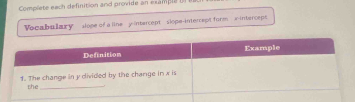 Complete each definition and provide an example 8l 
Vocabulary slope of a line y-intercept slope-intercept form x-intercept