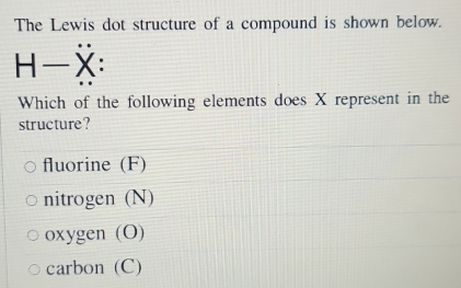 The Lewis dot structure of a compound is shown below.
H—X :
Which of the following elements does X represent in the
structure?
fluorine (F)
nitrogen (N)
oxygen (O)
carbon (C)