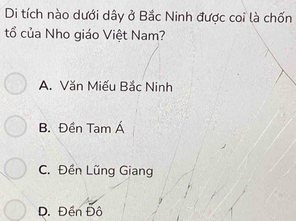 Di tích nào dưới dây ở Bắc Ninh được coi là chốn
tổ của Nho giáo Việt Nam?
A. Văn Miếu Bắc Ninh
B. Đền Tam Á
C. Đền Lũng Giang
Đ. Đền Đô