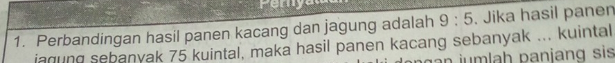 Perbandingan hasil panen kacang dan jagung adalah 9:5. Jika hasil panen 
iagung sebanyak 75 kuintal, maka hasil panen kacang sebanyak ... kuintal
g n j m lah paniang sis