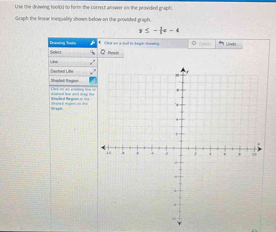 Use the drawing tool(s) to form the correct answer on the provided graph. 
Graph the linear inequality shown below on the provided graph.
y≤ - 2/5 x-4
Drawing Tools Click on a tool to begin drawing Deeo Undo 
Select Reset 
Line 
Dashed Liñe 
Shaded Region 
Click on an existing line 
dashed line and drag th 
Shaded Region to the 
desired region on the 
Graph