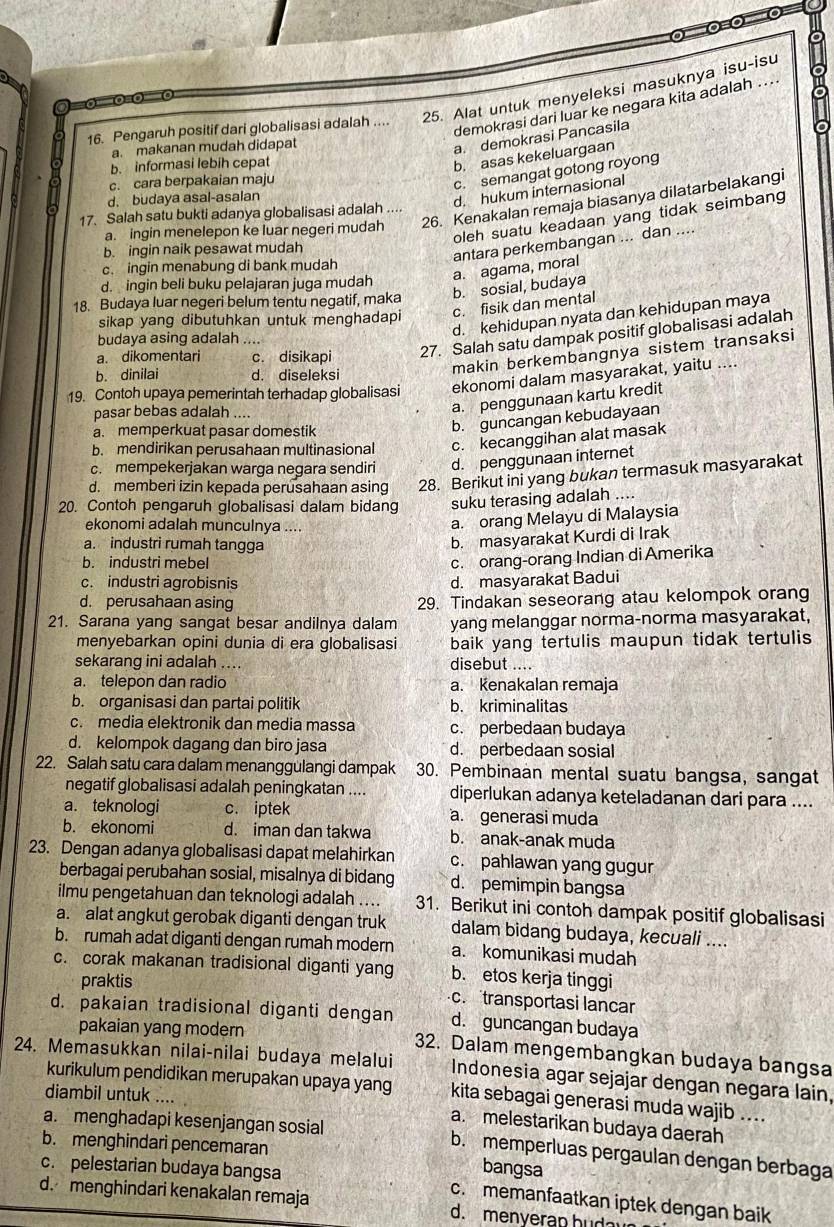 Pengaruh positif dari globalisasi adalah .... 25. Alat untuk menyeleksi masuknya isu-isu
demokrasi dari luar ke negara kita adalah ...
a. makanan mudah didapat
a. demokrasi Pancasila
b. informasi lebih cepat
b. asas kekeluargaan
c. cara berpakaian maju
c. semangat gotong royong
d. budaya asal-asalan
d. hukum internasional
a. ingin menelepon ke luar negeri mudah 26. Kenakalan remaja biasanya dilatarbelakangi
17. Salah satu bukti adanya globalisasi adalah ....
oleh suatu keadaan yang tidak seimbang
b. ingin naik pesawat mudah
antara perkembangan ... dan ....
c. ingin menabung di bank mudah
d. ingin beli buku pelajaran juga mudah a. agama, moral
18. Budaya luar negeri belum tentu negatif, maka b. sosial, budaya
c. fisik dan mental
d. kehidupan nyata dan kehidupan maya
sikap yang dibutuhkan untuk menghadapi
a. dikomentari c. disikapi 27. Salah satu dampak positif globalisasi adalah
budaya asing adalah ....
makin berkembangnya sistem transaksi
ekonomi dalam masyarakat, yaitu ....
b. dinilai d. diseleksi
19. Contoh upaya pemerintah terhadap globalisasi
pasar bebas adalah ....
a. penggunaan kartu kredit
a. memperkuat pasar domestik
b. guncangan kebudayaan
b. mendirikan perusahaan multinasional c. kecanggihan alat masak
c. mempekerjakan warga negara sendiri d. penggunaan internet
d. memberi izin kepada perusahaan asing 28. Berikut ini yang bukan termasuk masyarakat
20. Contoh pengaruh globalisasi dalam bidang suku terasing adalah ....
ekonomi adalah munculnya ....
a. orang Melayu di Malaysia
a. industri rumah tangga
b. masyarakat Kurdi di Irak
b. industri mebel
c. orang-orang Indian di Amerika
c. industri agrobisnis d. masyarakat Badui
d. perusahaan asing 29. Tindakan seseorang atau kelompok orang
21. Sarana yang sangat besar andilnya dalam yang melanggar norma-norma masyarakat,
menyebarkan opini dunia di era globalisasi baik yang tertulis maupun tidak tertulis
sekarang ini adalah disebut ....
a. telepon dan radio a. Kenakalan remaja
b. organisasi dan partai politik b. kriminalitas
c. media elektronik dan media massa c. perbedaan budaya
d. kelompok dagang dan biro jasa d. perbedaan sosial
22. Salah satu cara dalam menanggulangi dampak 30. Pembinaan mental suatu bangsa, sangat
negatif globalisasi adalah peningkatan .... diperlukan adanya keteladanan dari para ....
a. teknologi c. iptek a. generasi muda
b. ekonomi d. iman dan takwa b. anak-anak muda
23. Dengan adanya globalisasi dapat melahirkan c. pahlawan yang gugur
berbagai perubahan sosial, misalnya di bidang d. pemimpin bangsa
ilmu pengetahuan dan teknologi adalah .... 31. Berikut ini contoh dampak positif globalisasi
a. alat angkut gerobak diganti dengan truk dalam bidang budaya, kecuali ....
b. rumah adat diganti dengan rumah modern a. komunikasi mudah
c. corak makanan tradisional diganti yang b. etos kerja tinggi
praktis c. transportasi lancar
d. pakaian tradisional diganti dengan d. guncangan budaya
pakaian yang modern 32. Dalam mengembangkan budaya bangsa
24. Memasukkan nilai-nilai budaya melalui Indonesia agar sejajar dengan negara lain,
kurikulum pendidikan merupakan upaya yang kita sebagai generasi muda wajib ....
diambil untuk ....
a. melestarikan budaya daerah
a. menghadapi kesenjangan sosial b. memperluas pergaulan dengan berbaga
b. menghindari pencemaran bangsa
c. pelestarian budaya bangsa c. memanfaatkan iptek dengan baik
d. menghindari kenakalan remaja d. menyeran b ud