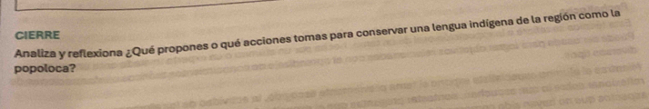 CIERRE Analiza y reflexiona ¿Qué propones o qué acciones tomas para conservar una lengua indígena de la región como la 
popoloca?