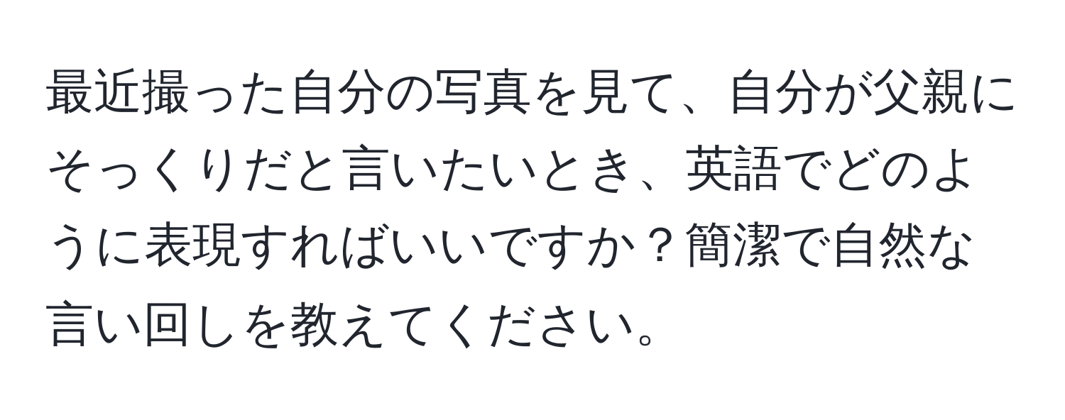 最近撮った自分の写真を見て、自分が父親にそっくりだと言いたいとき、英語でどのように表現すればいいですか？簡潔で自然な言い回しを教えてください。