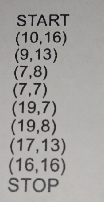 START
(10,16)
(9,13)
(7,8)
(7,7)
(19,7)
(19,8)
(17,13)
(16,16)
STOP