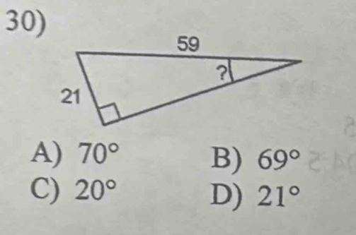 A) 70° B) 69°
C) 20° D) 21°