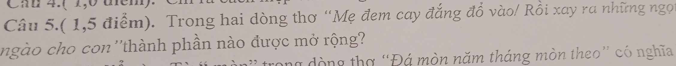 Cau 4.( 1,0 tém). 
Câu 5.( 1,5 điểm). Trong hai dòng thơ “Mẹ đem cay đắng đổ vào/ Rồi xay ra những ngọ 
ngào cho con ''thành phần nào được mở rộng'' 
la đòng thờ “Đá mòn năm tháng mòn theo” có nghĩa