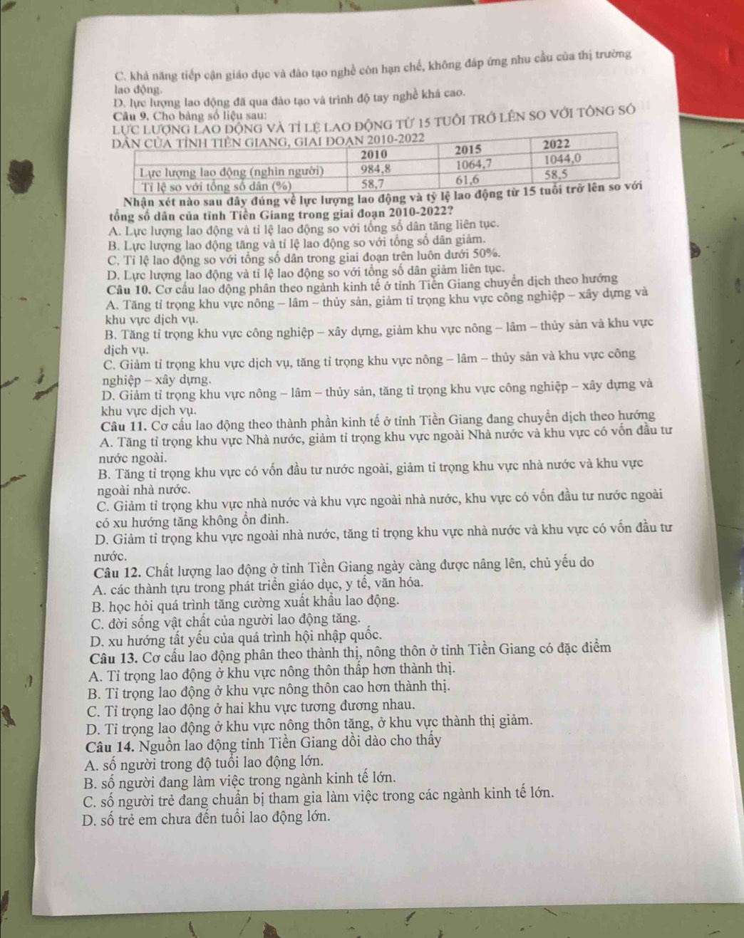 C. khả năng tiếp cận giáo dục và đào tạo nghề còn hạn chế, không đáp ứng nhu cầu của thị trường
lao động.
D. lực lượng lao động đã qua đào tạo và trình độ tay nghề khá cao.
Câu 9, Cho bảng số liệu sau:
ng và tỉ lệ lao động tử 15 tuổi trở lên sO với tông số
Nhận xét nào sau đây đúng về lực lượng lao độn
tổng số dân của tỉnh Tiền Giang trong giai đoạn 2010-2022?
A. Lực lượng lao động và tỉ lệ lao động so với tổng số dân tăng liên tục.
B. Lực lượng lao động tăng và tí lệ lao động so với tổng số dân giảm.
C. Tỉ lệ lao động so với tổng số dân trong giai đoạn trên luôn dưới 50%.
D. Lực lượng lao động và tỉ lệ lao động so với tổng số dân giảm liên tục.
Câu 10. Cơ cấu lao động phân theo ngành kinh tế ở tỉnh Tiền Giang chuyển dịch theo hướng
A. Tăng tỉ trọng khu vực nông - lâm - thủy sản, giảm tỉ trọng khu vực công nghiệp - xây dựng và
khu vực dịch vụ.
B. Tăng tỉ trọng khu vực công nghiệp - xây dựng, giảm khu vực nông - lâm - thủy sản và khu vực
djch vụ.
C. Giảm tỉ trọng khu vực dịch vụ, tăng tỉ trọng khu vực nông - lâm - thủy sản và khu vực công
nghiệp - xây dựng.
D. Giảm tỉ trọng khu vực nông - lâm - thủy sản, tăng tỉ trọng khu vực công nghiệp - xây dựng và
khu vực dịch vụ.
Câu 11. Cơ cấu lao động theo thành phần kinh tế ở tỉnh Tiền Giang đang chuyển dịch theo hướng
A. Tăng tỉ trọng khu vực Nhà nước, giảm tỉ trọng khu vực ngoài Nhà nước và khu vực có vốn đầu tư
nước ngoài.
B. Tăng tỉ trọng khu vực có vốn đầu tư nước ngoài, giảm tỉ trọng khu vực nhà nước và khu vực
ngoài nhà nước.
C. Giảm tỉ trọng khu vực nhà nước và khu vực ngoài nhà nước, khu vực có vốn đầu tư nước ngoài
có xu hướng tăng không ổn định.
D. Giảm tỉ trọng khu vực ngoài nhà nước, tăng tỉ trọng khu vực nhà nước và khu vực có vốn đầu tư
nước.
Câu 12. Chất lượng lao động ở tỉnh Tiền Giang ngày càng được nâng lên, chủ yếu do
A. các thành tựu trong phát triển giáo dục, y tế, văn hóa.
B. học hỏi quá trình tăng cường xuất khẩu lao động.
C. đời sống vật chất của người lao động tăng.
D. xu hướng tất yếu của quá trình hội nhập quốc.
Câu 13. Cơ cấu lao động phân theo thành thị, nông thôn ở tỉnh Tiền Giang có đặc điểm
3 A. Tỉ trọng lao động ở khu vực nông thôn thấp hơn thành thị.
B. Tỉ trọng lao động ở khu vực nông thôn cao hơn thành thị.
C. Tỉ trọng lao động ở hai khu vực tương đương nhau.
D. Tỉ trọng lao động ở khu vực nông thôn tăng, ở khu vực thành thị giảm.
Câu 14. Nguồn lao động tỉnh Tiền Giang dồi dào cho thấy
A. số người trong độ tuổi lao động lớn.
B. số người đang làm việc trong ngành kinh tế lớn.
C. số người trẻ đang chuẩn bị tham gia làm việc trong các ngành kinh tế lớn.
D. số trẻ em chưa đến tuổi lao động lớn.