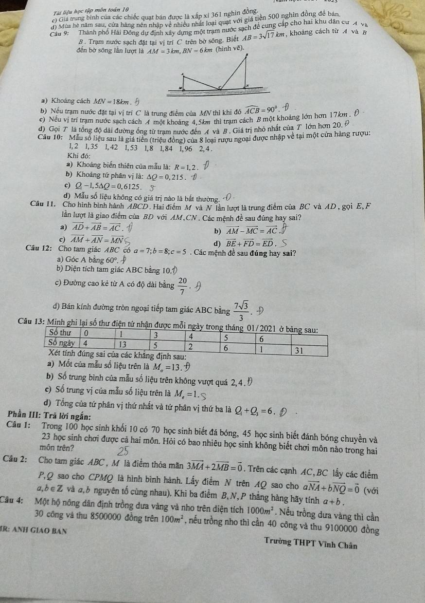 Tài liệu học tập môn toán 10
c) Giá trung bình của các chiếc quạt bán được là xấp xỉ 361 nghìn đồng.
d) Mùa hè năm sau, cửa hàng nên nhập về nhiều nhất loại quạt với giá tiền 500 nghìn đồng đề bán
Câu 9:   Thành phố Hải Đông dự định xây dựng một trạm nước sạch đề cung cấp cho hai khu dân cư A và
B. Trạm nước sạch đặt tại vị trí C trên bờ sông. Biết AB=3sqrt(17)km , khoảng cách từ A và B
đến bờ sông lần lượt là  (hinh ve).
a) Khoảng cách MN=18km
b) Nếu trạm nước đặt tại vị trí C là trung điểm của MN thì khi đó widehat ACB=90°
c) Nếu vị trí trạm nước sạch cách A một khoảng 4,5km thì trạm cách B một khoảng lớn hơn 17km .
d) Gọi T là tổng độ dài đường ổng từ tram nước đến A và B . Giá trị nhỏ nhất của T lớn hơn 20, 6
Câu 10: Mẫu số liệu sau là giá tiên (triều đồng) của 8 loại rượu ngoại được nhập về tại một cửa hàng rượu:
1, 2 1, 35 1, 42 1, 53 1, 8 1, 84 1, 96 2, 4 .
Khi đó:
a) Khoảng biến thiên của mẫu là: R=1,2.
b) Khoảng tứ phân vị là: △ Q=0,215.
c) Q-1,5△ Q=0,6125. S
d) Mẫu số liệu không có giá trị nào là bất thường.
Câu 11. Cho hình bình hành ABCD. Hai điểm M và N lần lượt là trung điểm của BC và AD , gọi E, F
lần lượt là giao điểm của BD với AM,CN . Các mệnh đề sau đúng hay sai?
a) vector AD+vector AB=vector AC
b) vector AM-vector MC=vector AC
c) vector AM+vector AN=vector MN
d) vector BE+vector FD=vector ED
Câu 12: Cho tam giác ABC có a=7;b=8;c=5 Các mệnh đề sau đúng hay sai?
a) Góc A bằng 60°.
b) Diện tích tam giác ABC bằng 10.1)
c) Đường cao kẻ từ A có độ dài bằng  20/7 
d) Bán kính đường tròn ngoại tiếp tam giác ABC bằng  7sqrt(3)/3 .
Câu 13: Minh ghi lại số thư điện tử nhận được mỗi 
a) Mốt của mẫu số liệu trên là M_o=13. +
b) Số trung bình của mẫu số liệu trên không vượt quá 2, 4.Đ
c) Số trung vị của mẫu số liệu trên là M =1.5
d) Tổng của tứ phân vị thứ nhất và tứ phân vị thứ ba là Q_1+Q_3=6.
Phần III: Trả lời ngắn:
Câu 1: Trong 100 học sinh khối 10 có 70 học sinh biết đá bóng, 45 học sinh biết đánh bóng chuyền và
23 học sinh chơi được cả hai môn. Hỏi có bao nhiêu học sinh không biết chơi môn nào trong hai
môn trên?
Cầu 2: Cho tam giác ABC , Mô là điểm thỏa mãn 3vector MA+2vector MB=vector 0. Trên các cạnh AC, BC lấy các điểm
P,Q sao cho CPMQ là hình bình hành. Lấy điểm N trên AQ sao cho avector NA+bvector NQ=vector 0 (với
a,b∈ Z và đ, b nguyên tố cùng nhau). Khi ba điểm B,N, P thắng hàng hãy tính a+b.
Câu 4:  Một hộ nông dân định trồng dưa vàng và nho trên diện tích 1000m^2. Nếu trồng dưa vàng thì cần
30 công và thu 8500000 đồng trên 100m^2 , nếu trồng nho thì cần 40 công và thu 9100000 đồng
IR: ANH GIAO BAN
Trường THPT Vĩnh Chân