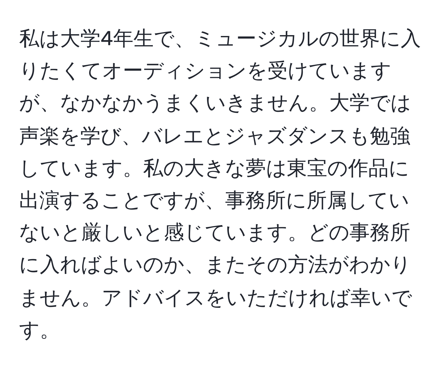 私は大学4年生で、ミュージカルの世界に入りたくてオーディションを受けていますが、なかなかうまくいきません。大学では声楽を学び、バレエとジャズダンスも勉強しています。私の大きな夢は東宝の作品に出演することですが、事務所に所属していないと厳しいと感じています。どの事務所に入ればよいのか、またその方法がわかりません。アドバイスをいただければ幸いです。