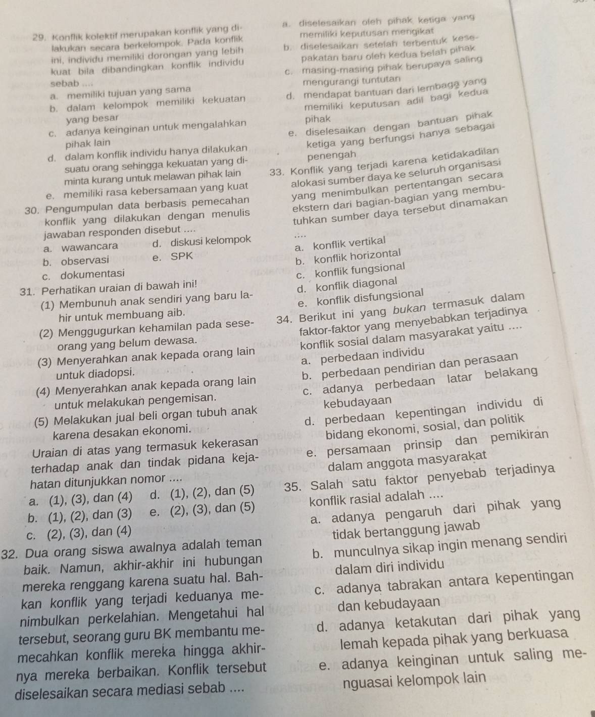 Konflik kolektif merupakan konflik yang di a. diselesaikan oleh pihak ketiga yang
lakukan secara berkelompok. Pada konflik memiliki keputusan mengikat
ini, individu memiliki dorongan yang lebih b. diselesaikan setelah terbentuk kese-
kuat bila dibandingkan. konflik individu pakatan baru oleh kedua belah pihak
c. masing-masing pihak berupaya saling
sebab
a. memiliki tujuan yang sama mengurangi tuntutan
b. dalam kelompok memiliki kekuatan d. mendapat bantuan dari lembaga yang
memiliki keputusan adil bagi kedua
yang besar pihak
c. adanya keinginan untuk mengalahkan
ketiga yang berfungsi hanya sebagai
d. dalam konflik individu hanya dilakukan e. diselesaikan dengan bantuan pihak
pihak lain
suatu orang sehingga kekuatan yang di- penengah
minta kurang untuk melawan pihak lain 33. Konflik yang terjadi karena ketidakadilan
e. memiliki rasa kebersamaan yang kuat alokasi sumber daya ke seluruh organisasi
30. Pengumpulan data berbasis pemecahan yang menimbulkan pertentangan secara
ekstern dari bagian-bagian yang membu-
tuhkan sumber daya tersebut dinamakan
konflik yang dilakukan dengan menulis
jawaban responden disebut ....
a. wawancara d. diskusi kelompok …..
a. konflik vertikal
b. observasi e. SPK
b. konflik horizontal
c. dokumentasi
31. Perhatikan uraian di bawah ini! c. konflik fungsional
(1) Membunuh anak sendiri yang baru la- d. konflik diagonal
e. konflik disfungsional
hir untuk membuang aib.
(2) Menggugurkan kehamilan pada sese- 34. Berikut ini yang bukan termasuk dalam
faktor-faktor yang menyebabkan terjadinya
orang yang belum dewasa.
(3) Menyerahkan anak kepada orang lain konflik sosial dalam masyarakat yaitu ....
a. perbedaan individu
untuk diadopsi.
(4) Menyerahkan anak kepada orang lain b. perbedaan pendirian dan perasaan
c. adanya perbedaan latar belakang
untuk melakukan pengemisan.
d. perbedaan kepentingan individu di
(5) Melakukan jual beli organ tubuh anak kebudayaan
karena desakan ekonomi.
Uraian di atas yang termasuk kekerasan bidang ekonomi, sosial, dan politik
terhadap anak dan tindak pidana keja- e. persamaan prinsip dan pemikiran
dalam anggota masyarakat
hatan ditunjukkan nomor ....
a. (1), (3), dan (4) d. (1), (2), dan (5) 35. Salah satu faktor penyebab terjadinya
b. (1), (2), dan (3) e. (2), (3), dan (5) konflik rasial adalah ....
c. (2), (3), dan (4) a. adanya pengaruh dari pihak yang
32. Dua orang siswa awalnya adalah teman tidak bertanggung jawab
baik. Namun, akhir-akhir ini hubungan b. munculnya sikap ingin menang sendiri
mereka renggang karena suatu hal. Bah- dalam diri individu
kan konflik yang terjadi keduanya me- c. adanya tabrakan antara kepentingan
nimbulkan perkelahian. Mengetahui hal dan kebudayaan
tersebut, seorang guru BK membantu me- d. adanya ketakutan dari pihak yang
mecahkan konflik mereka hingga akhir- lemah kepada pihak yang berkuasa
nya mereka berbaikan. Konflik tersebut e. adanya keinginan untuk saling me-
diselesaikan secara mediasi sebab .... nguasai kelompok lain