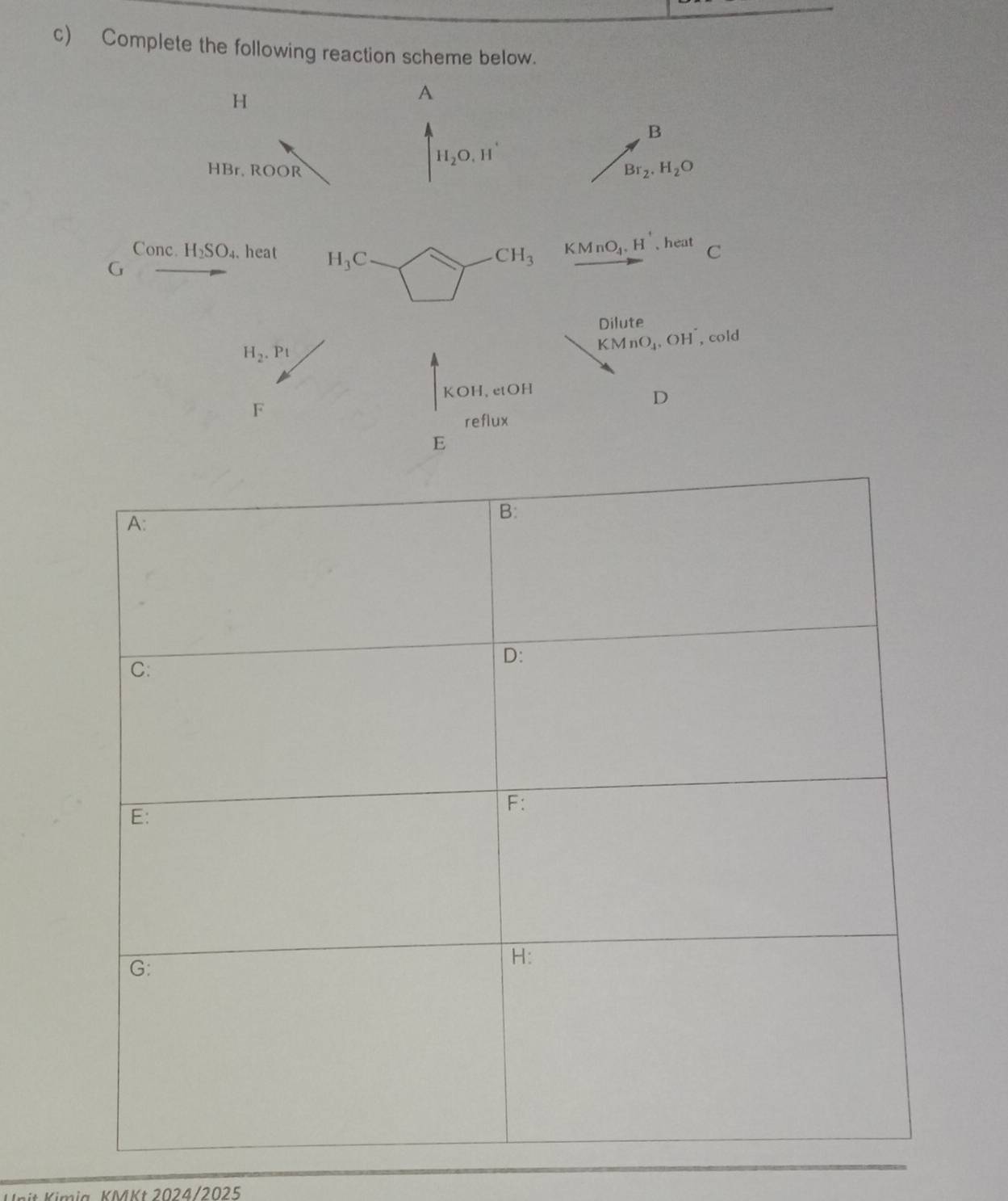 Complete the following reaction scheme below.
H
A 
B
H_2O, H^
HBr,ROOR
Br_2. H_2O
Conc. H_2SO_4. heat H_3C CH_3 KMnO_4. H'
G 、 heat C 
Dilute
KMnO_4 OH..
H_2.Pt ,cold 
KOH, etOH 
D 
F 
reflux 
E 
KMKt 2024/2025