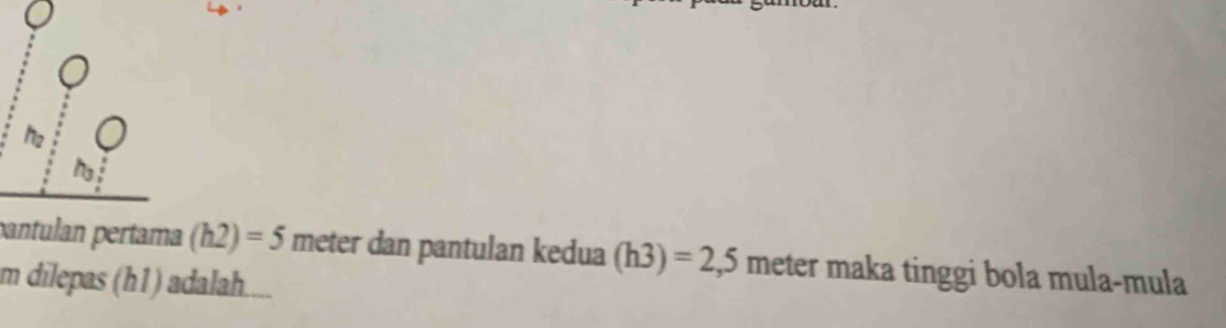 pantulan pertama (h2)=5 meter dan pantulan kedua (h3)=2,5 meter maka tinggi bola mula-mula
m dilepas (h1) adalah.